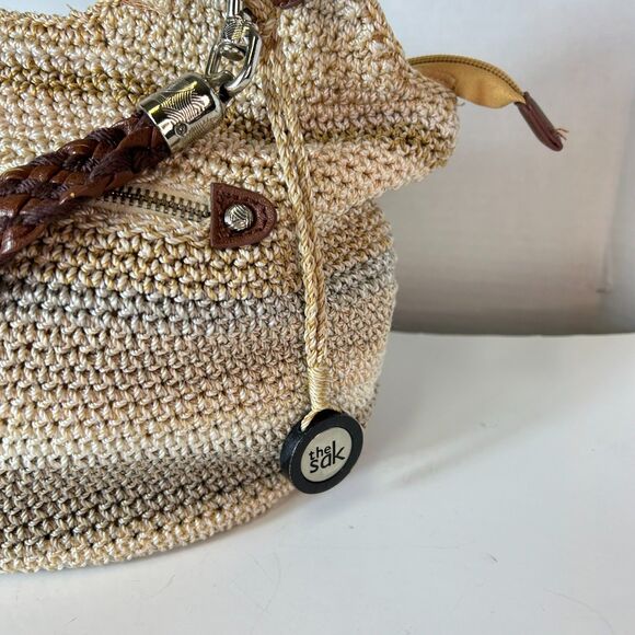 The Sak Indio Beige Sand Stripe Crochet Slouchy Hobo Braided Strap Shoulder Bag - Picture 4 of 15